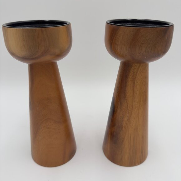Mid-Century Tall Woodgrain Modern Candle Holders Black Inserts Set of 2 Decor - Picture 3 of 7